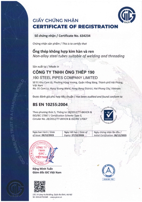 Tiêu chuẩn BS EN 10255:2004 – Ống thép hàn dùng cho dẫn chất lỏng, khí và mục đích chung